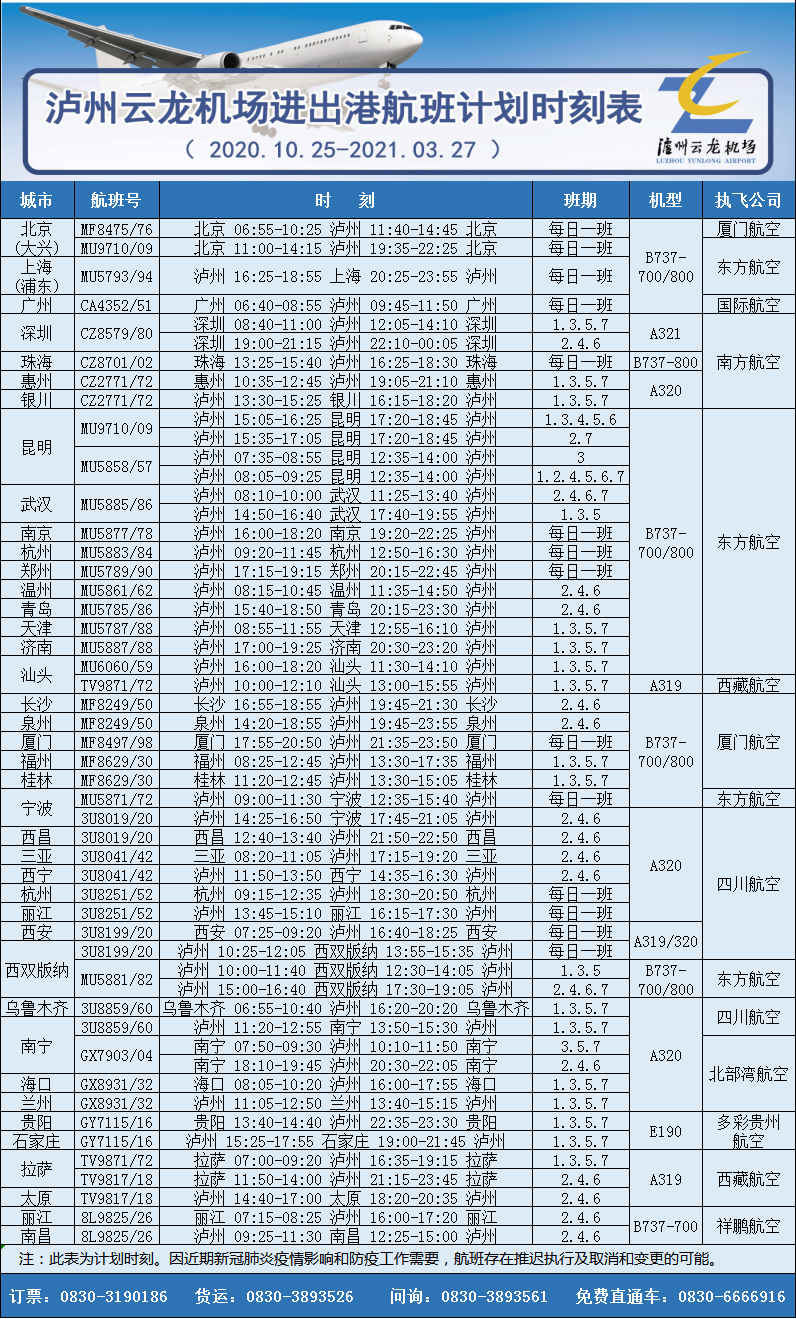 泸州云龙机场冬航季计划来了 最低99元飞兰州(图2)